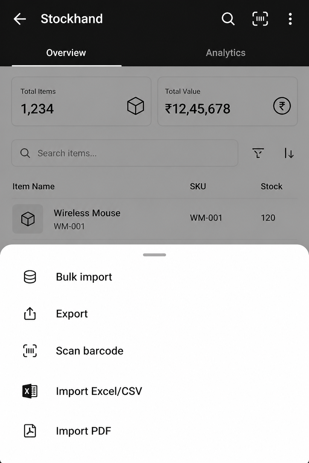 Barcode scan and stock count screen