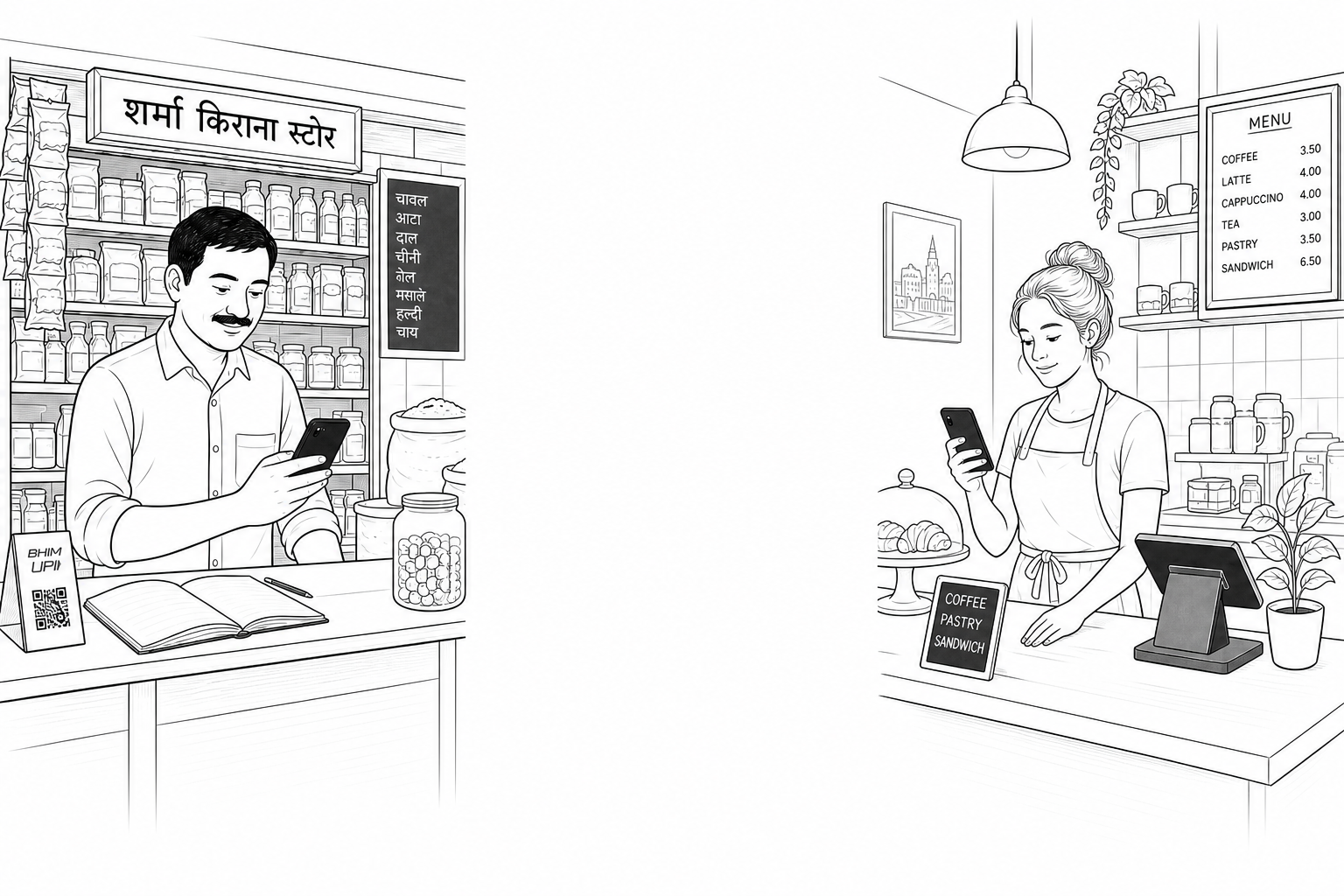 India kirana and international cafe — one ledger.